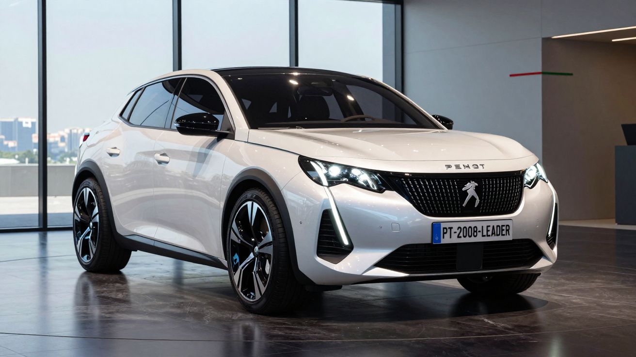 Carro Peugeot 2008 branco estacionado em ambiente interno com luzes acesas.