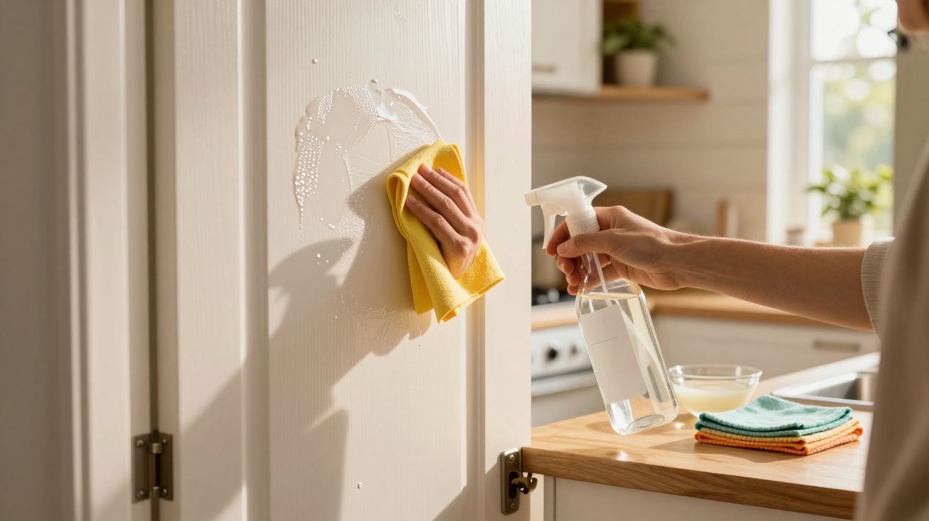 Pessoa limpando porta branca com pano amarelo e borrifador em cozinha iluminada.