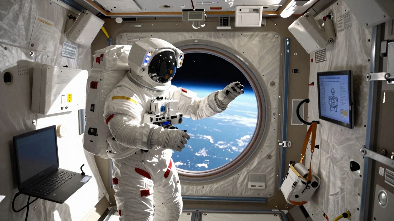 Astronauta em traje espacial dentro de estação espacial com vista da Terra pela janela circular.