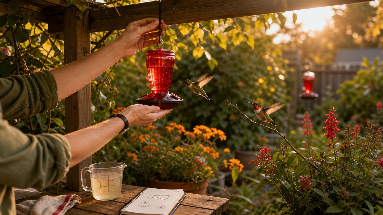 Pessoa ajusta comedouro vermelho enquanto beija-flores se aproximam em jardim florido ao entardecer.