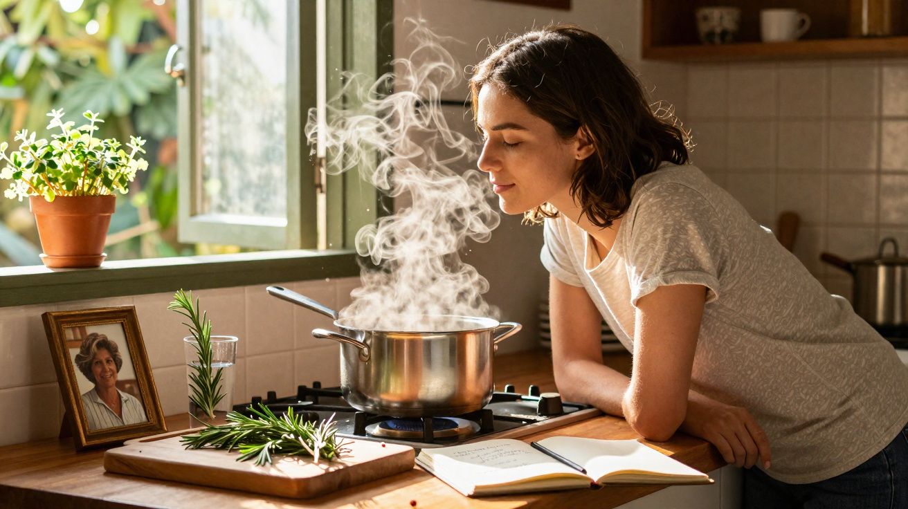 Mulher cheirando panela com vapor na cozinha, ao lado de livro aberto e quadro com foto.