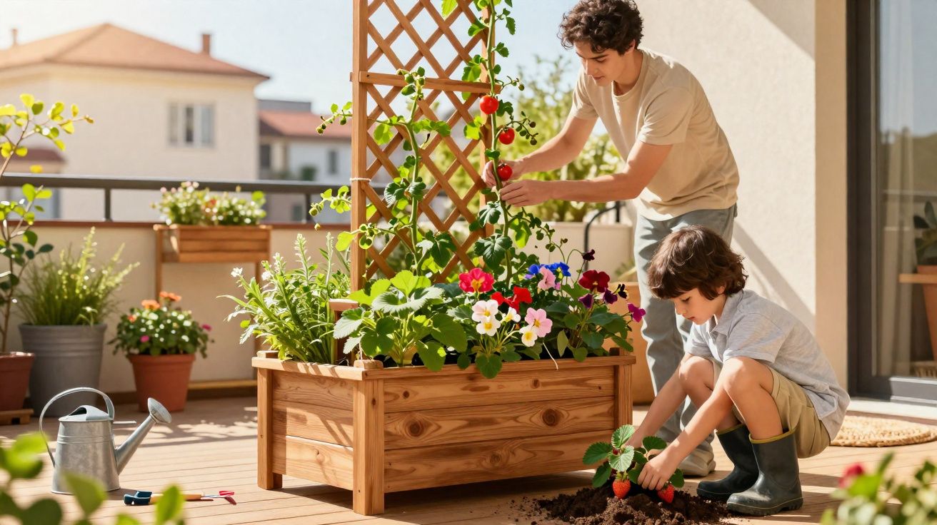 Homem e menino cuidam de plantas e flores em jardineira de madeira na varanda ensolarada.