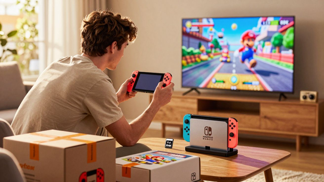 Jovem jogando Nintendo Switch conectado à TV com jogo do Mario na tela em sala de estar.