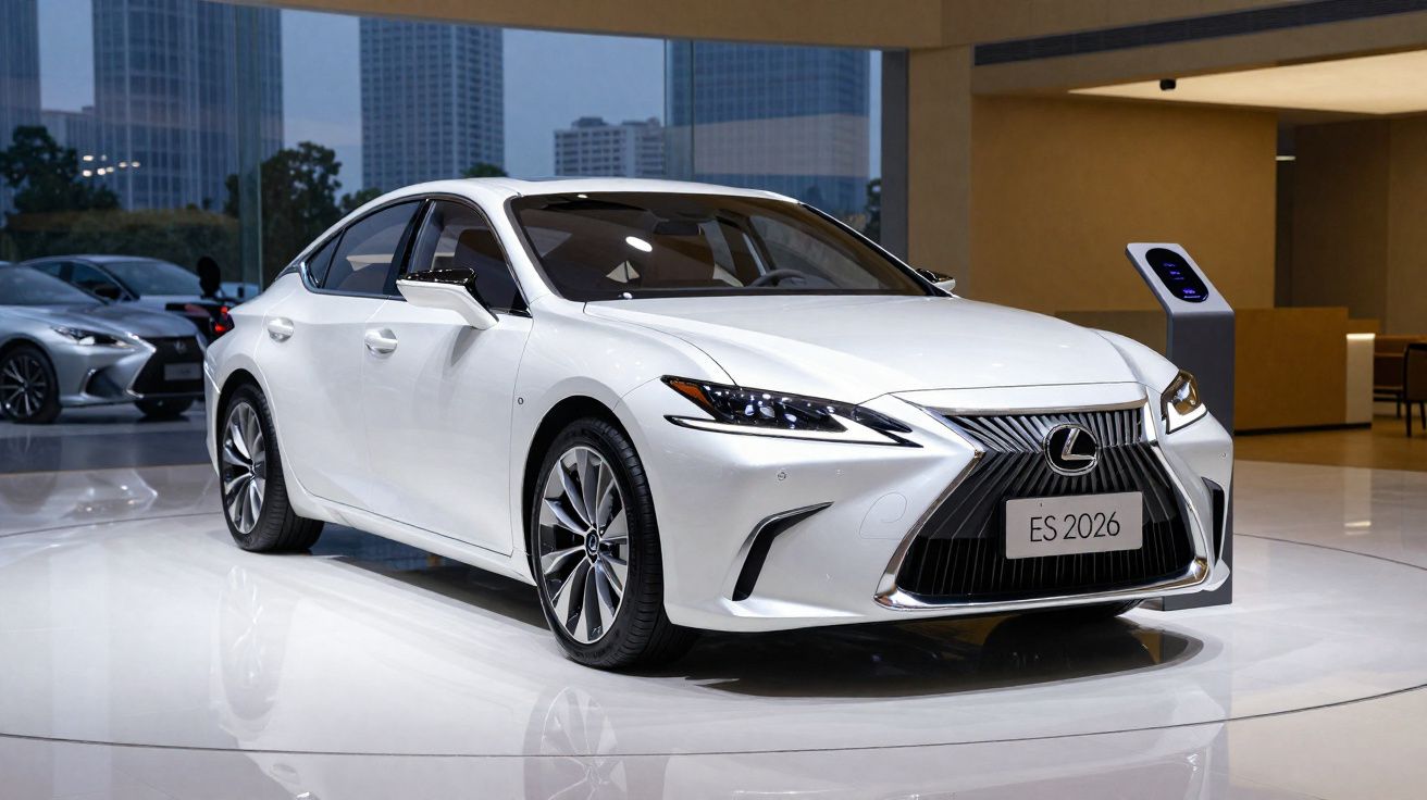 Carro Lexus ES 2026 branco exposto em showroom moderno com piso brilhante e prédios ao fundo.