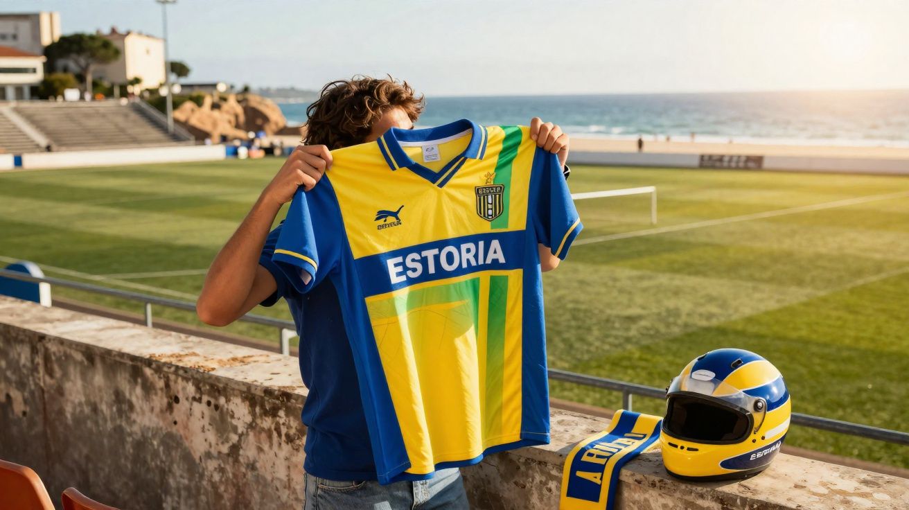 Pessoa segura camisa de time de futebol amarelo e azul com o nome Estoria em estádio à beira-mar.