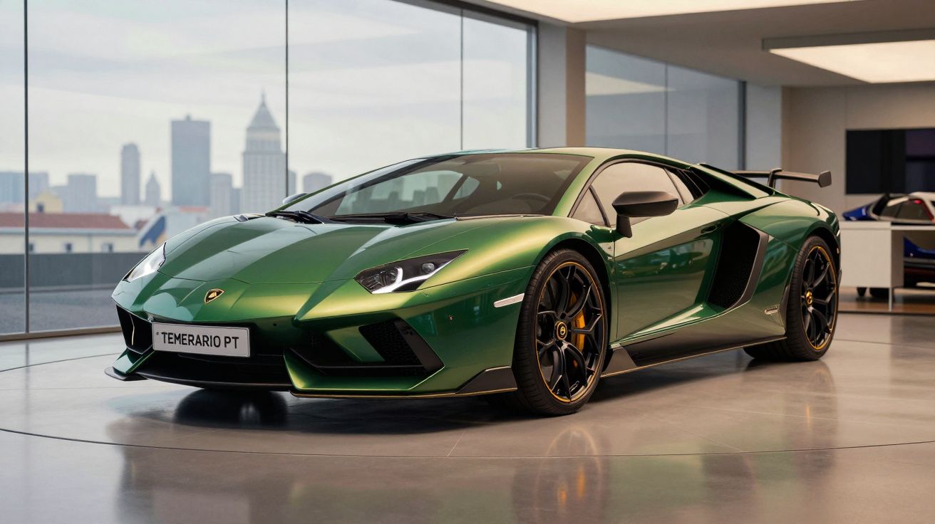 Carro esportivo Lamborghini verde metálico exibido em showroom moderno com grandes janelas e vista da cidade ao fundo.