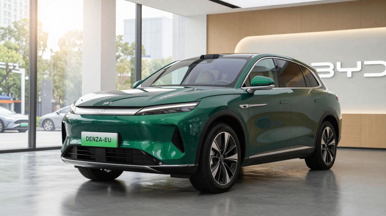 SUV elétrico verde Denza-EU exibido em showroom moderno com grandes janelas e logo da BYD ao fundo.