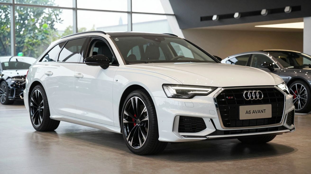 Audi A6 Avant branco estacionado em showroom moderno com janelas amplas ao fundo.