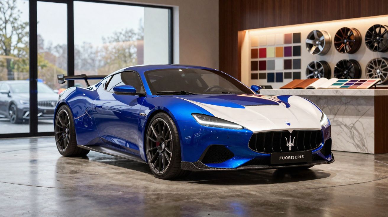 Carro esportivo Maserati azul com detalhes brancos em showroom moderno com amostras de cores e rodas.