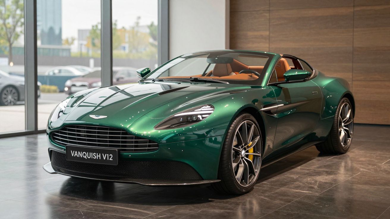 Carro esportivo verde Aston Martin Vanquish V12 em showroom com interior caramelo.