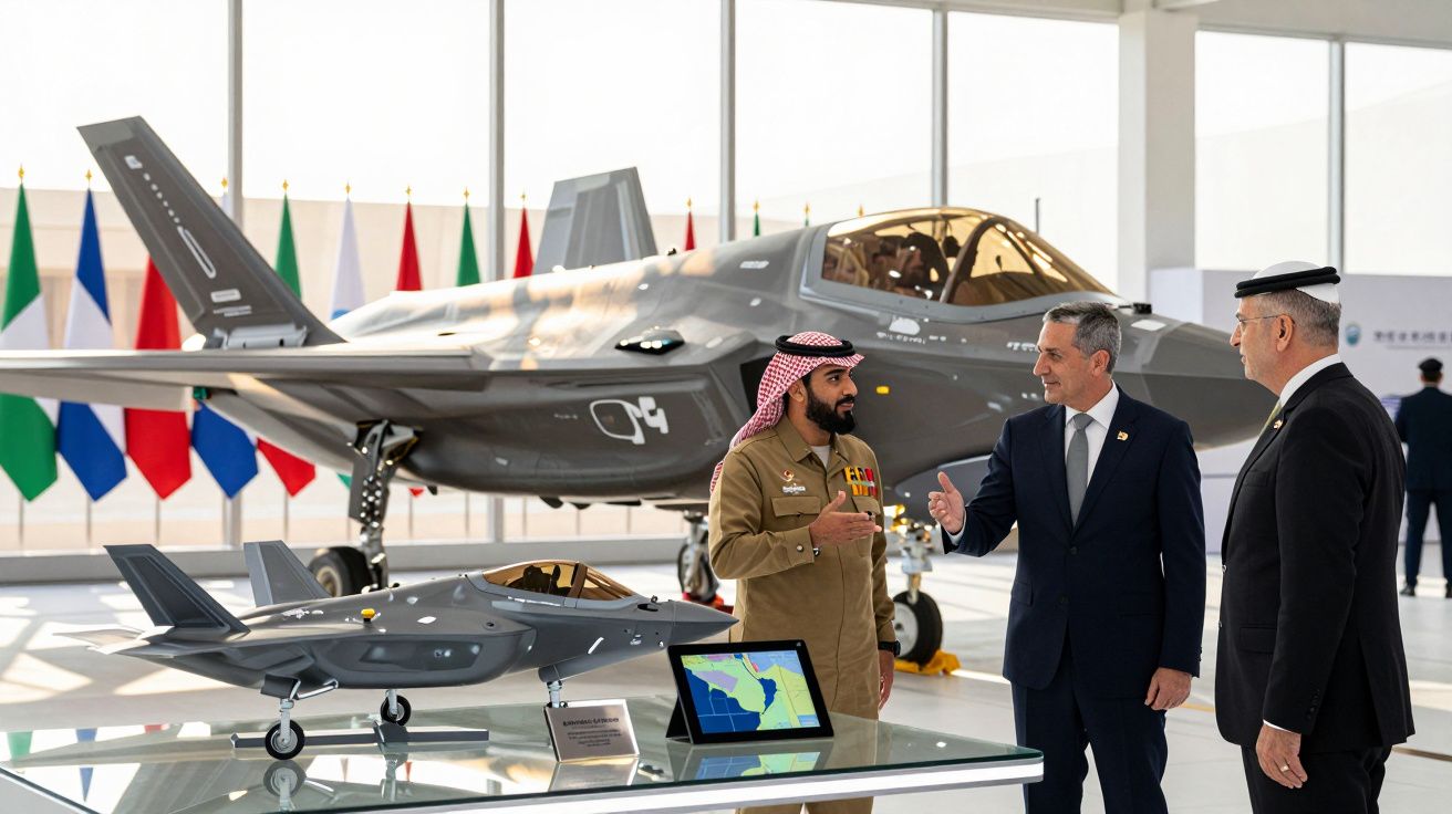Três homens conversam diante de um caça furtivo real e um modelo em miniatura expostos em hangar.