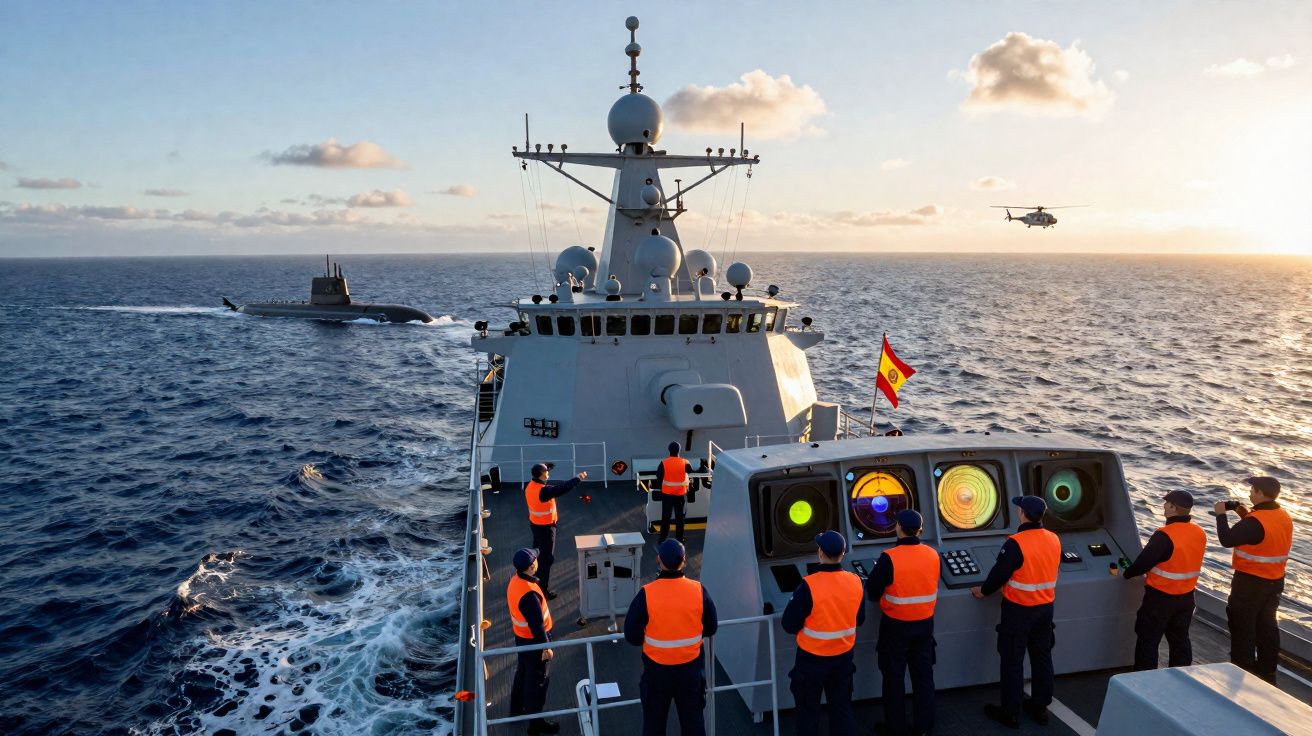 Marinheiros com coletes laranja em navio militar observam submarino e helicóptero no mar ao pôr do sol.