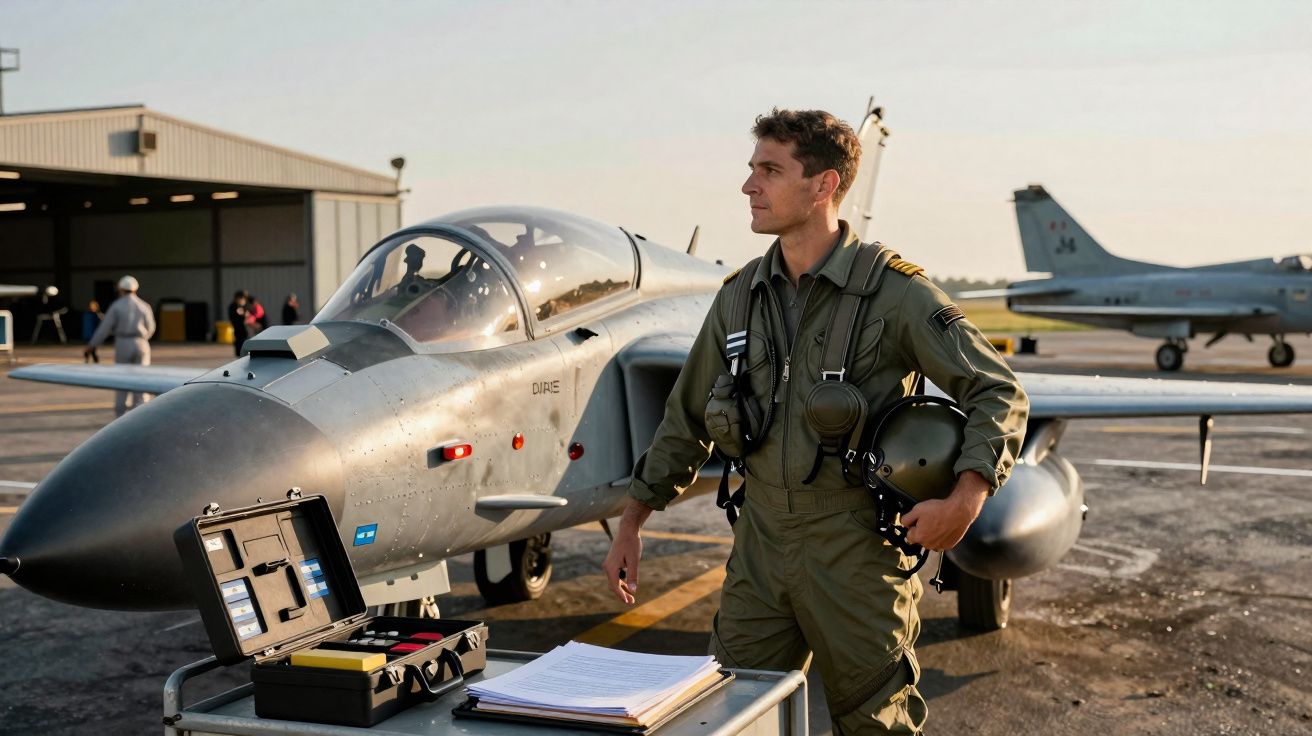 Piloto militar em uniforme verde posando ao lado de caça cinza em pista de aeroporto ao pôr do sol.