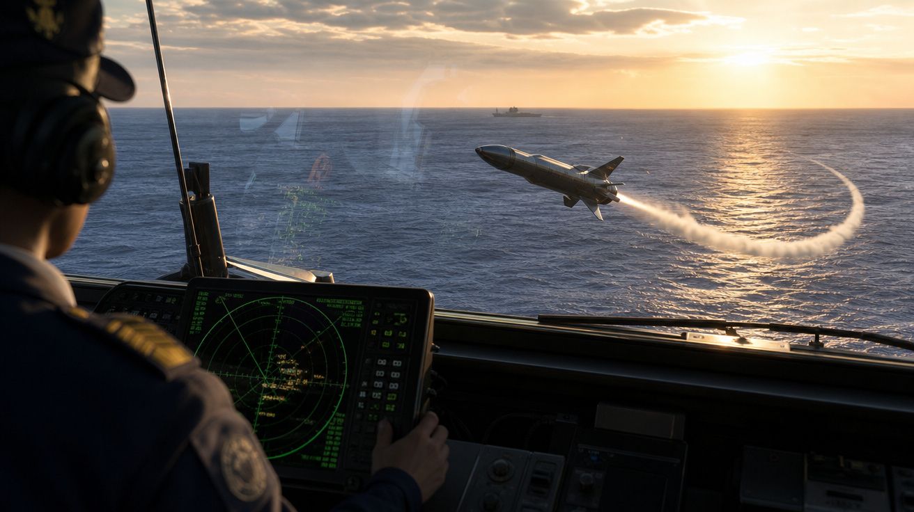 Pessoa operando radar em navio com míssil voando sobre o mar ao pôr do sol.