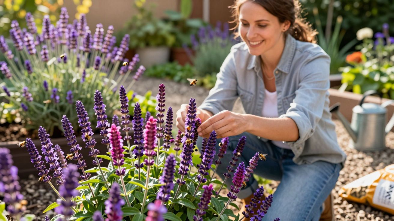 Mulher cuidando de flores de lavanda roxa em jardim ensolarado, com abelhas voando ao redor.