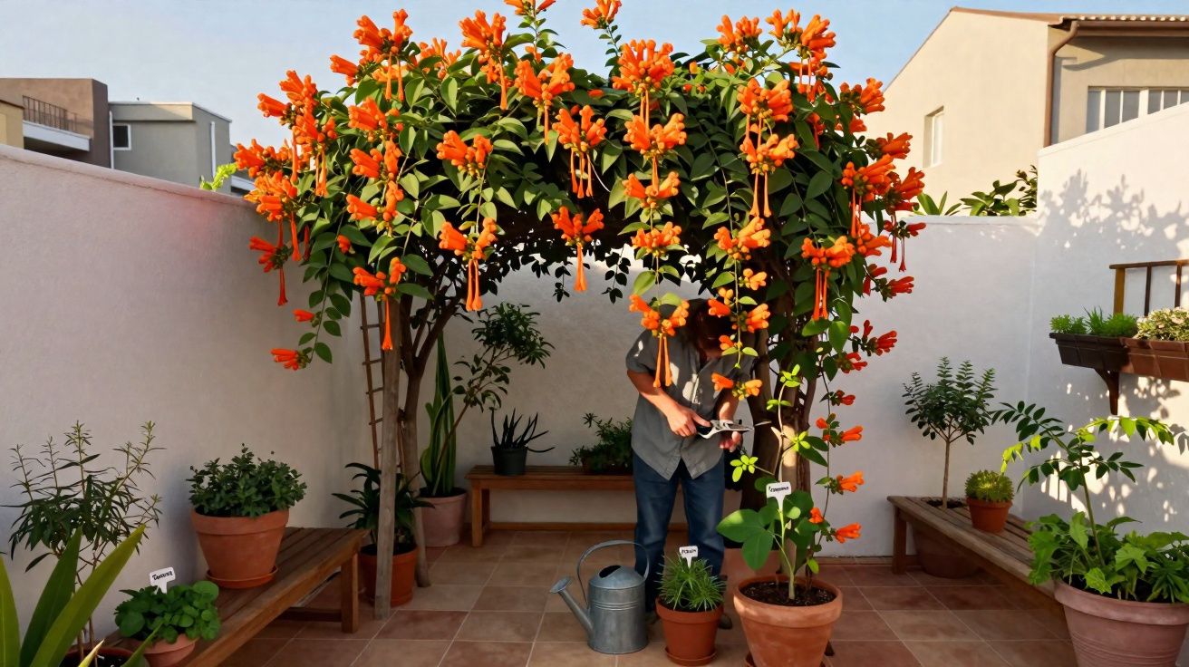 Jardim com flores laranjas pendentes, vasos com plantas, regador e pessoa podando plantas.