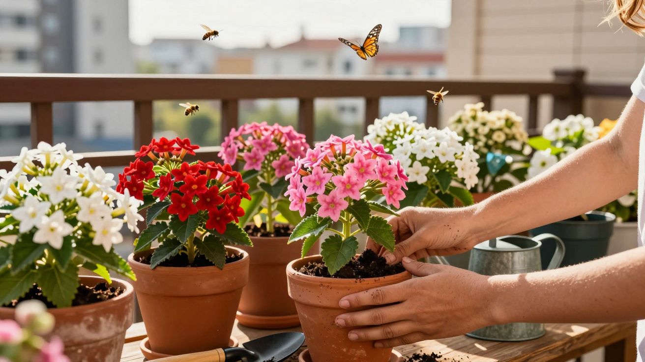 Pessoa cuidando de plantas com flores em vasos de barro em varanda com abelhas e borboleta ao redor.