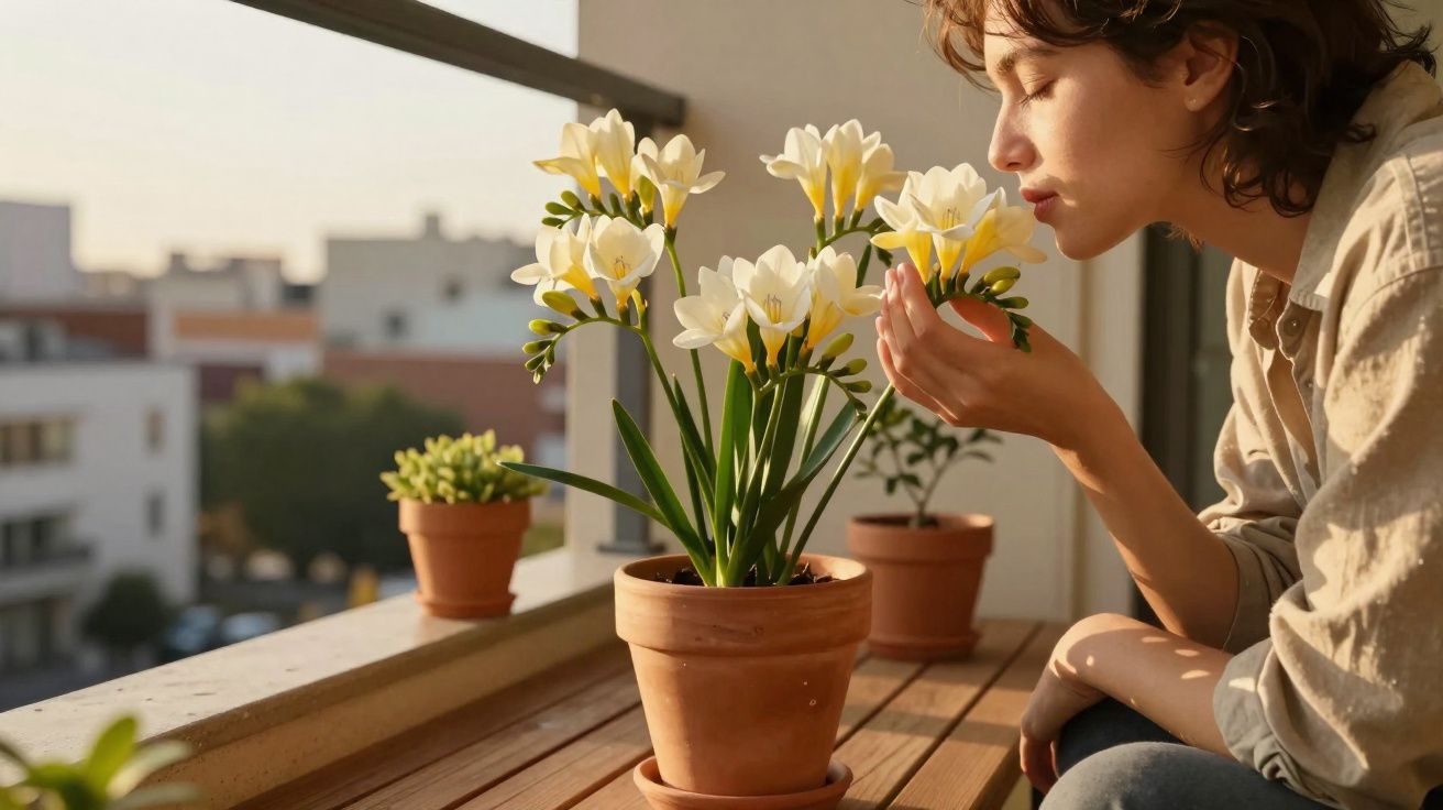 Pessoa cheirando flores brancas em vaso de cerâmica à luz do sol em sacada urbana.