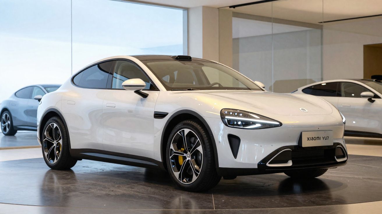 Carro elétrico branco Xiaomi YU7 em showroom moderno com paredes de espelho e piso escuro.