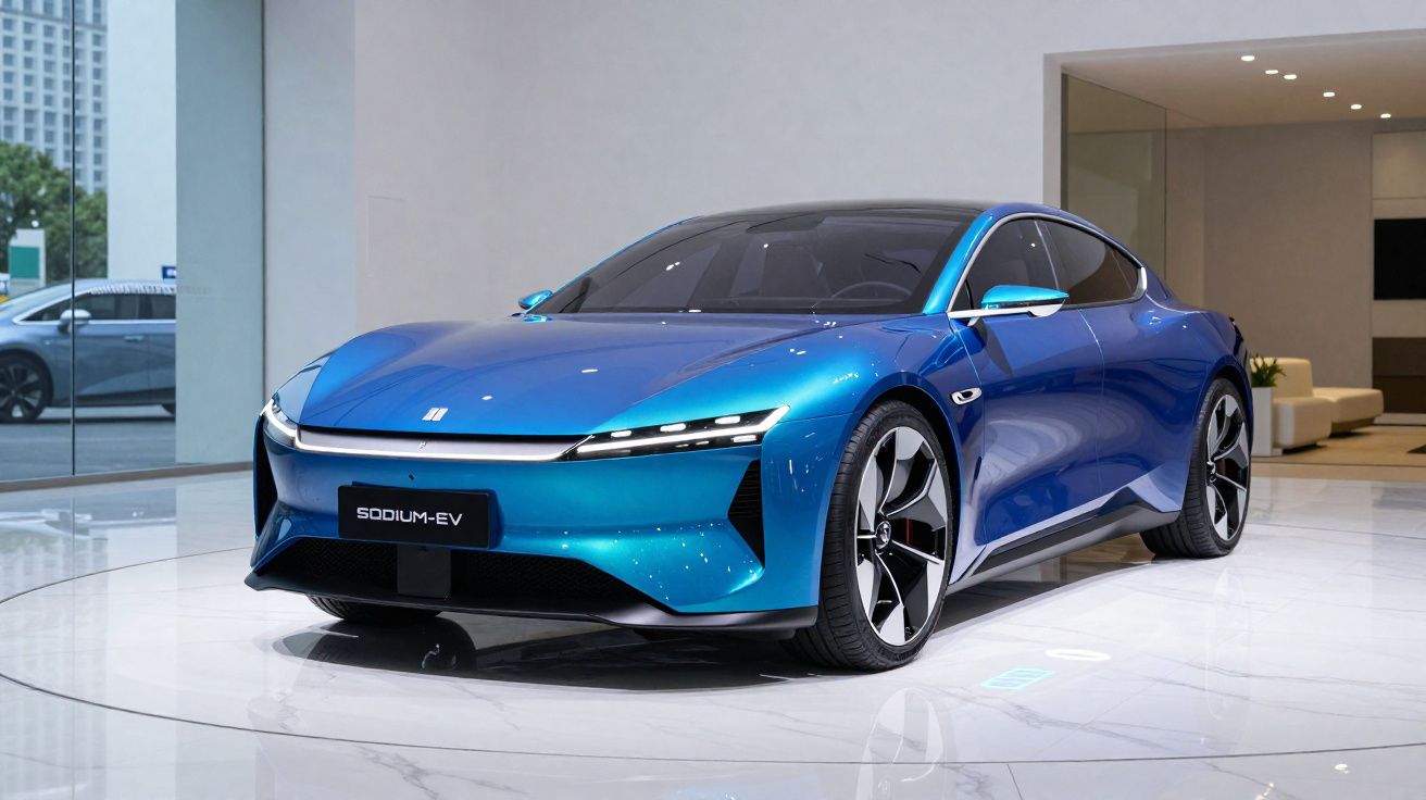Carro elétrico azul metálico modelo sedan exposto em ambiente interno moderno com piso branco.