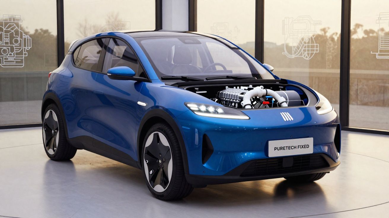 Carro azul compacto com capô aberto mostrando motor em exposição interna moderna.