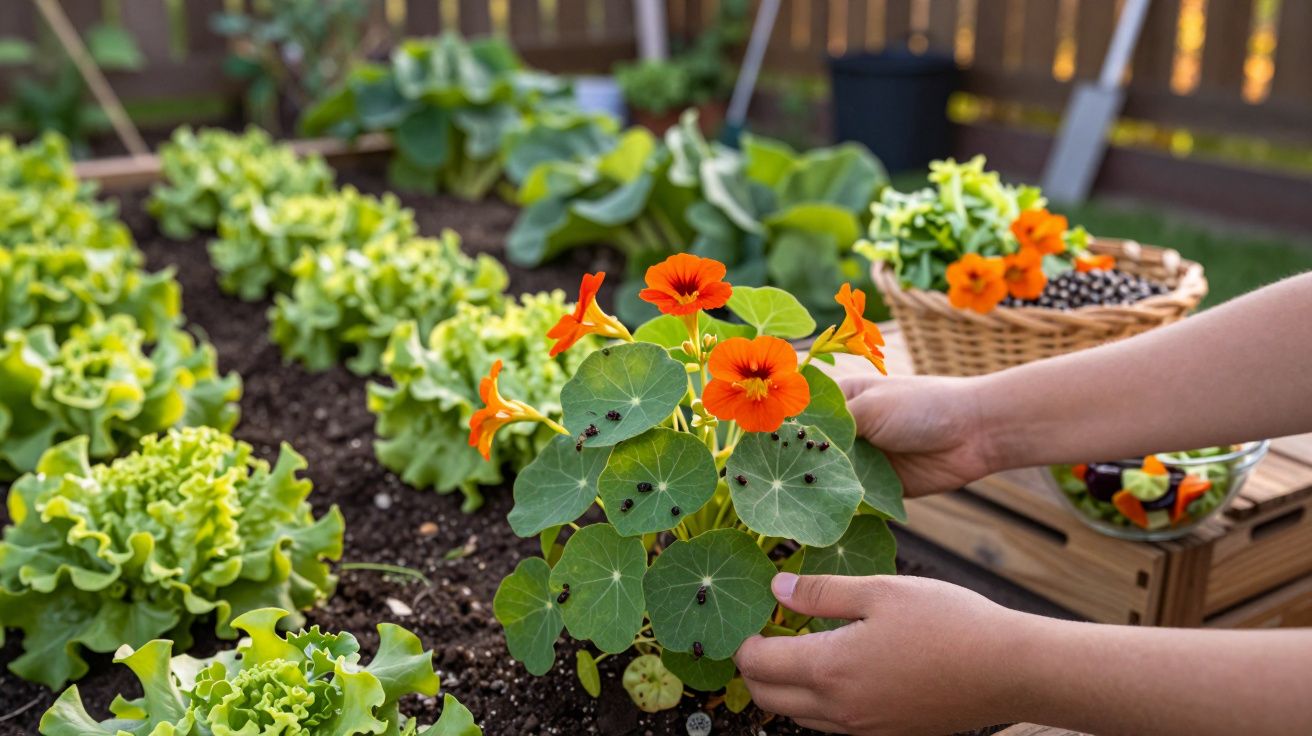 Mãos segurando planta com flores laranjas em horta com alfaces verdes em canteiros de terra.