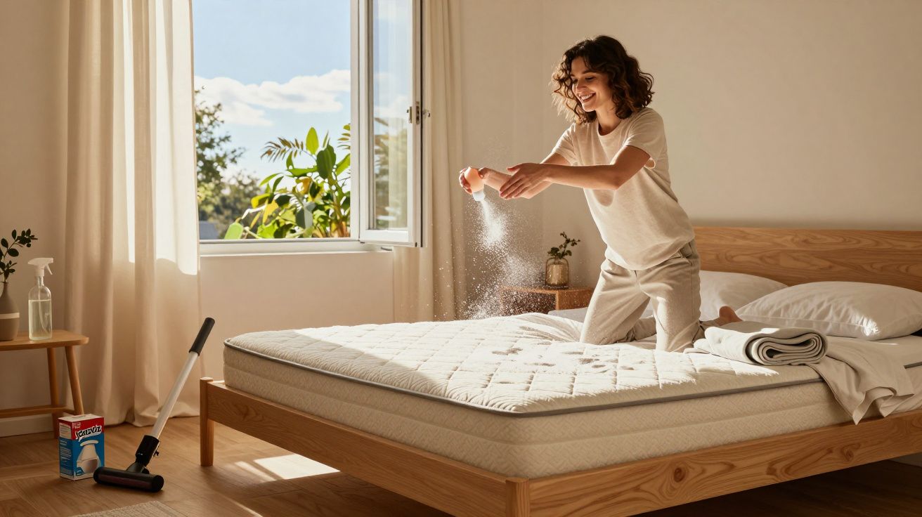 Mulher sorridente aplica produto de limpeza em colchão de cama em quarto iluminado pela luz natural.