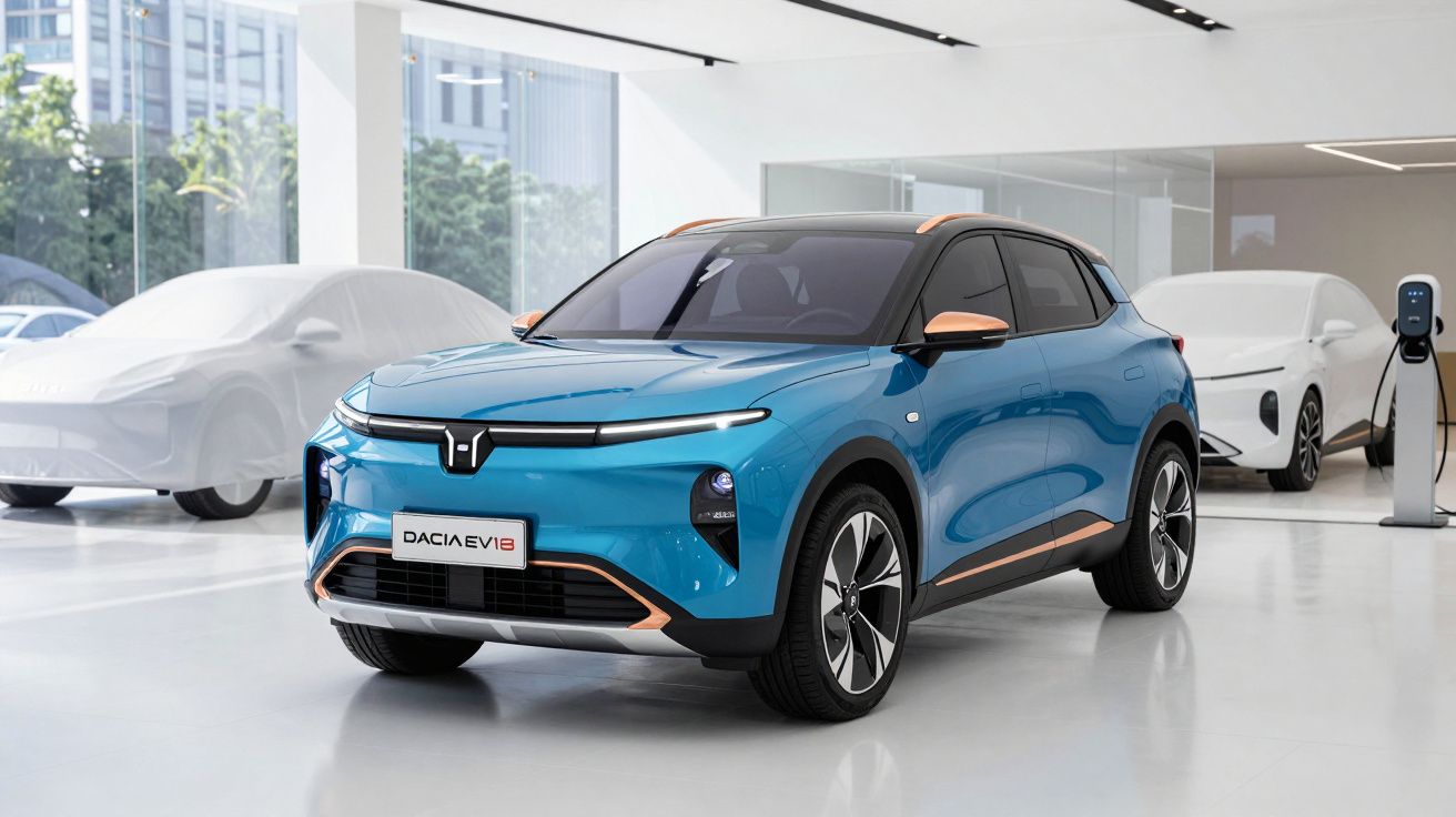 Carro elétrico azul Dacia EV1B em showroom moderno com veículos cobertos ao fundo.