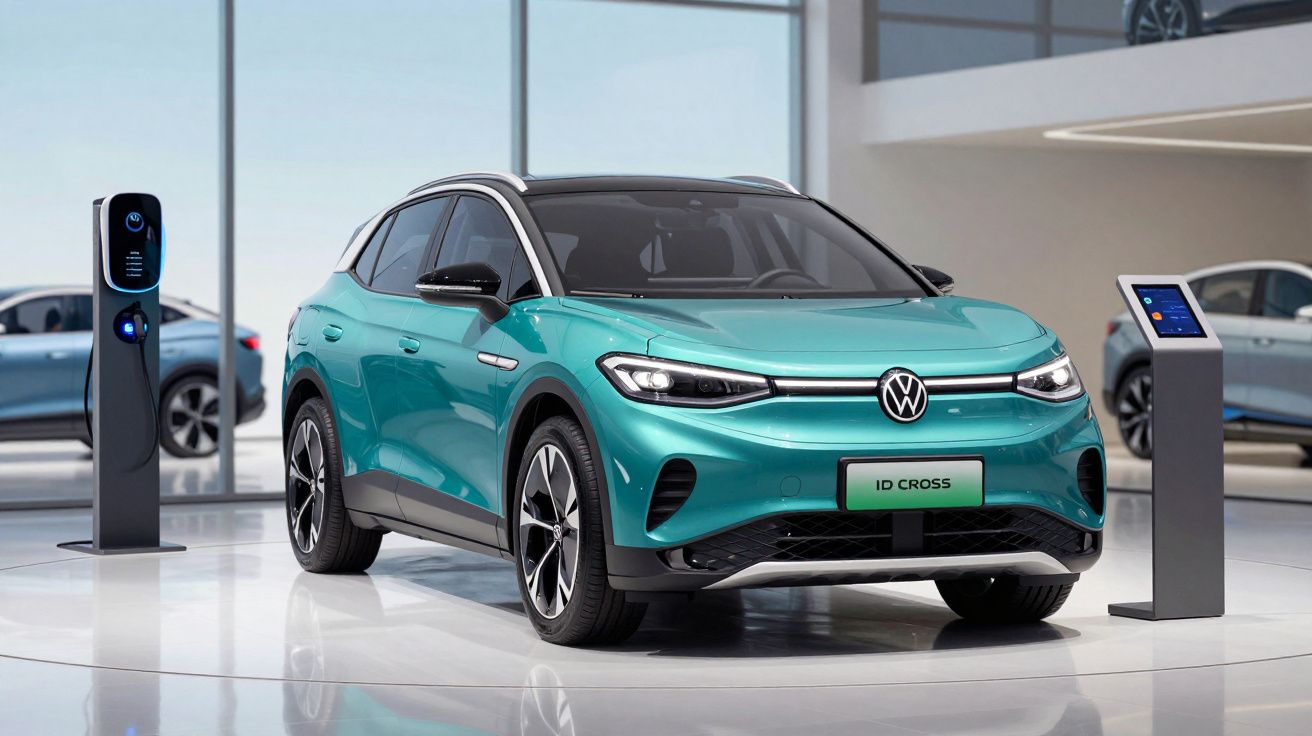 Carro elétrico Volkswagen ID Cross verde em showroom, com estação de recarga ao lado.
