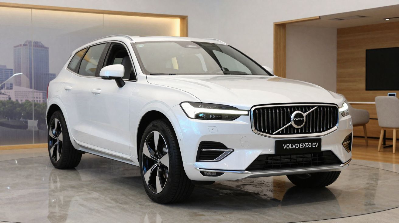 SUV elétrico Volvo EX60 branco em exibição dentro de showroom moderno com piso de mármore.