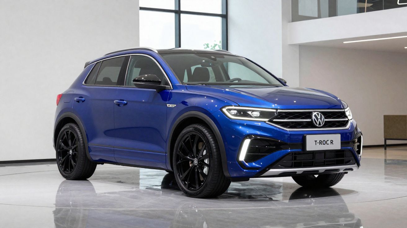 Carro SUV Volkswagen T-Roc R azul estacionado em ambiente interno com piso refletivo e paredes brancas.