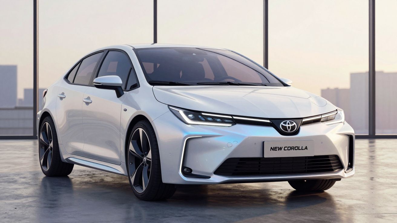 Carro Toyota New Corolla branco estacionado em ambiente interno com grandes janelas ao fundo.