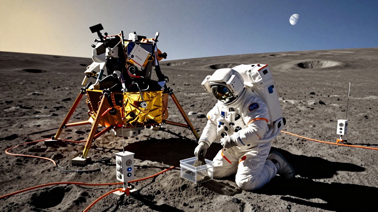 Astronauta com traje espacial coleta amostra na superfície da Lua próximo de módulo lunar, com a Terra ao fundo.