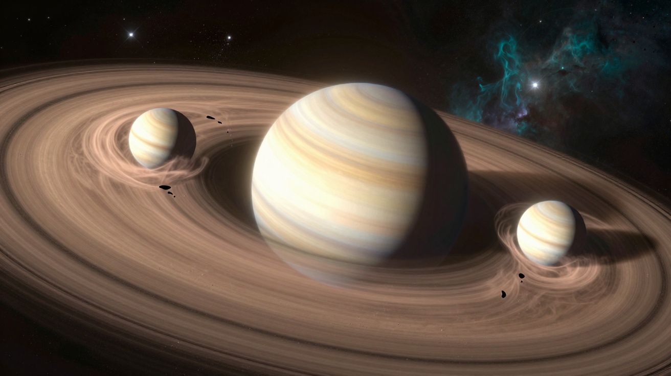 Planeta gigante gasoso com anéis e duas luas orbitando, no espaço profundo com estrelas ao fundo.