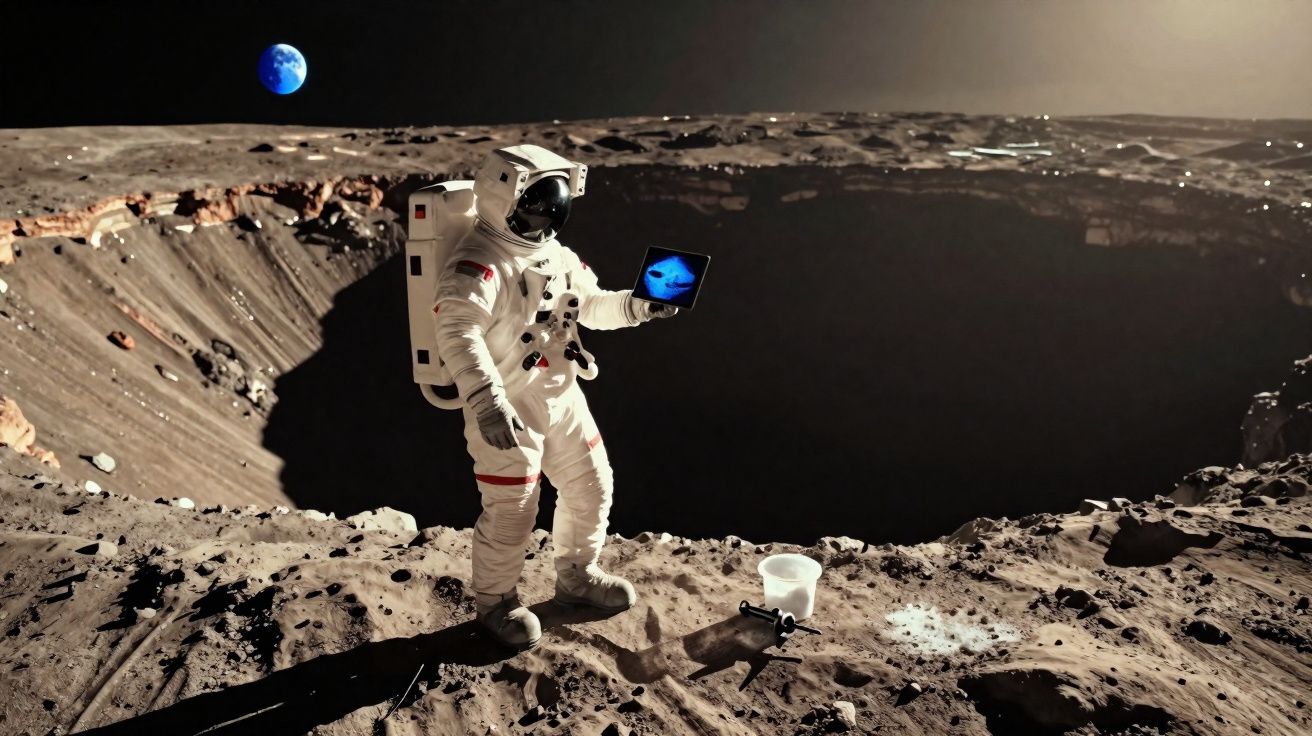 Astronauta em traje completo segurando tablet próximo a cratera na superfície lunar com Terra ao fundo.