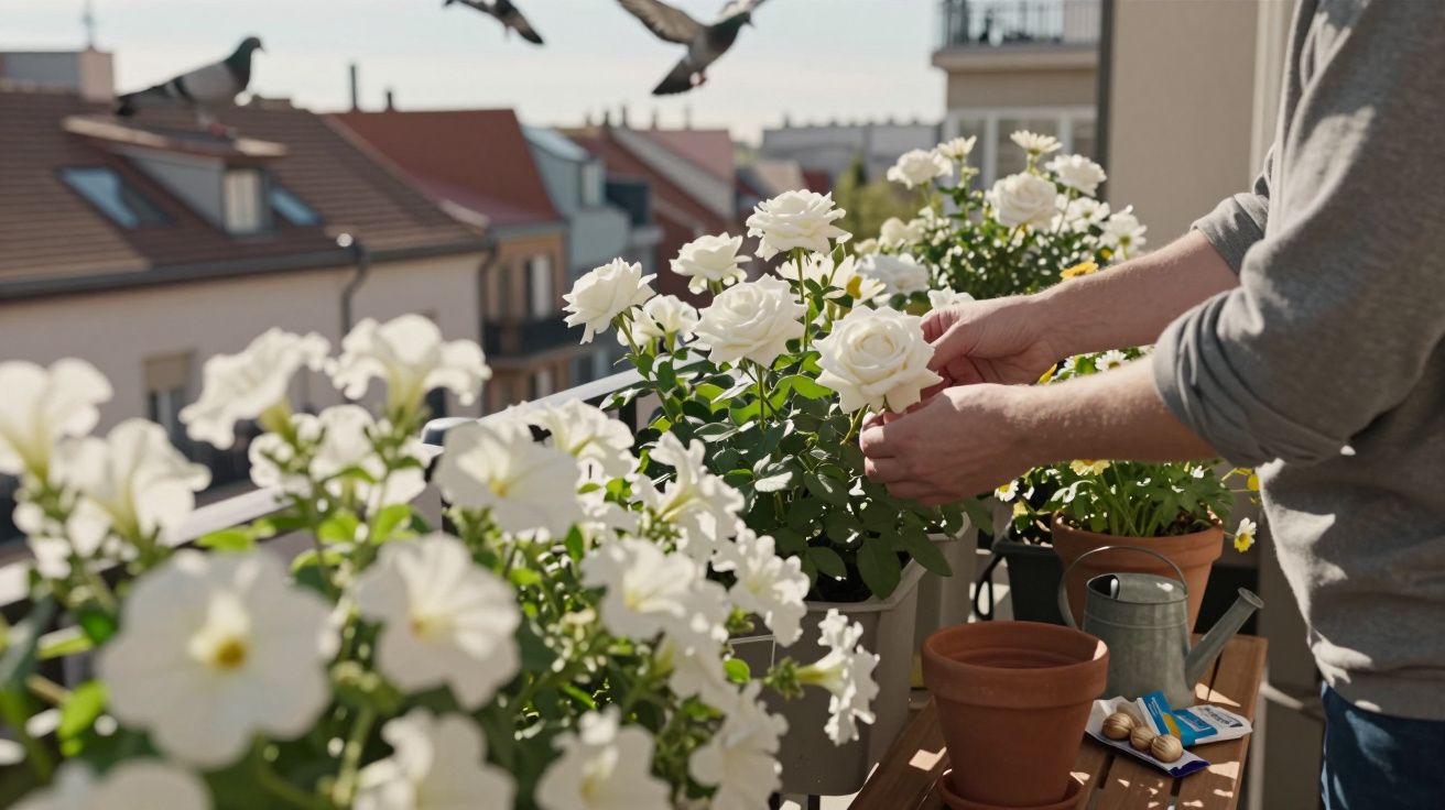 Pessoa cuidando de rosas brancas em varanda com vasos e regador ao fundo de prédios urbanos.