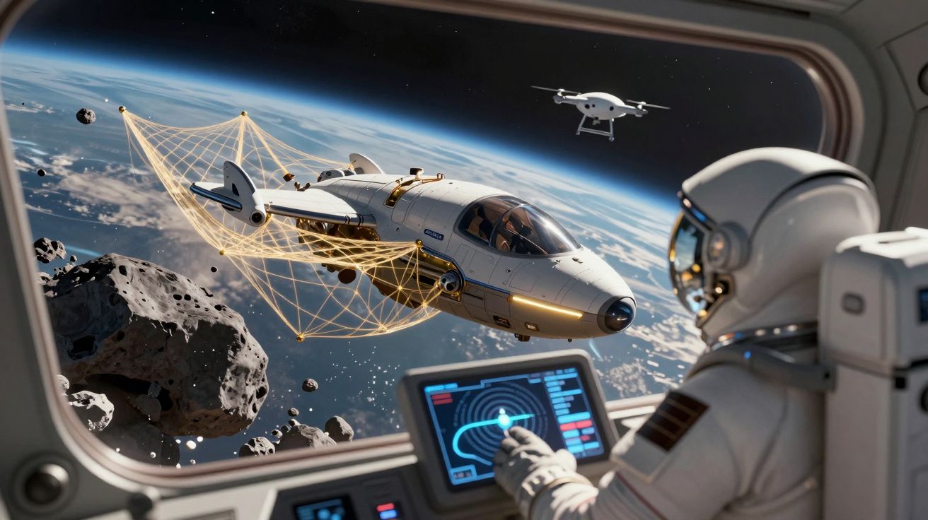Astronauta controla nave espacial enquanto drone e nave capturam asteroide com rede em órbita da Terra.