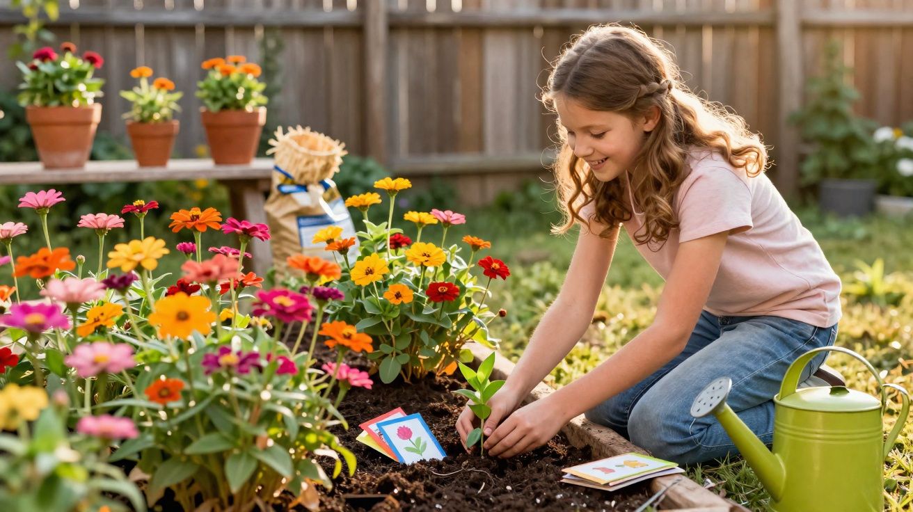 Menina plantando muda em canteiro com flores coloridas em jardim ensolarado.