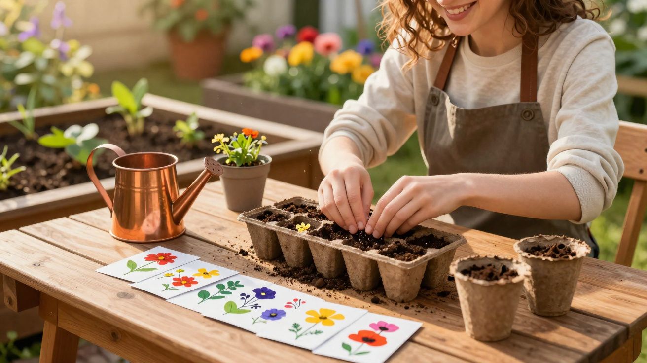 Pessoa plantando sementes em bandeja de mudas, com regador e cartões ilustrados de flores sobre mesa de madeira.