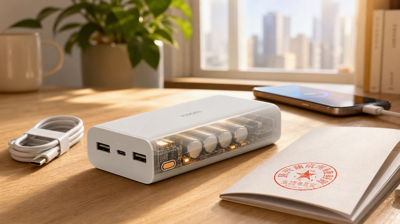 Carregador portátil transparente mostrando baterias internas, cabo USB-C e smartphone carregando sobre mesa de madeira.
