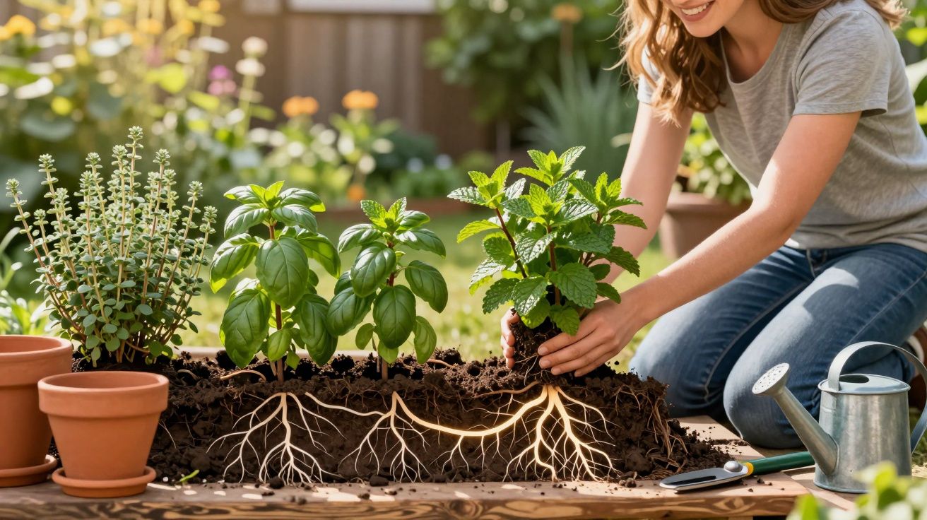 Mulher plantando ervas em jardim com raízes visíveis e utensílios de jardinagem ao redor.