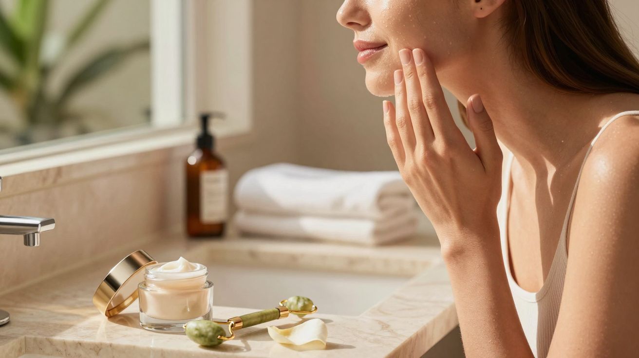Mulher aplicando creme facial no rosto em banheiro iluminado natural com creme e massageador na pia.
