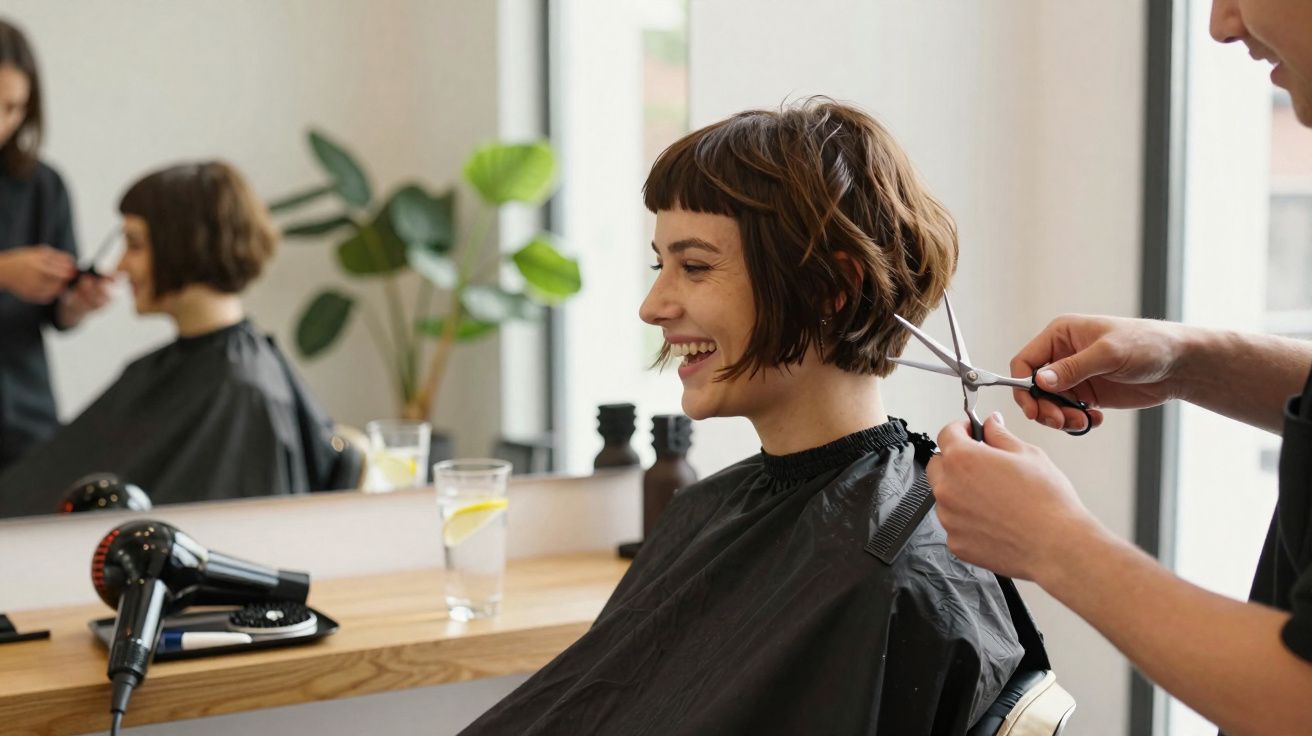 Mulher sorrindo enquanto corta o cabelo em salão moderno com espelho e secador ao fundo.