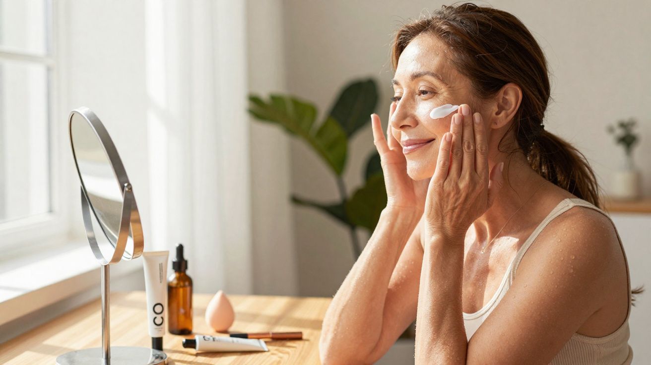 Mulher aplicando creme facial sorridente em frente a espelho em ambiente iluminado.