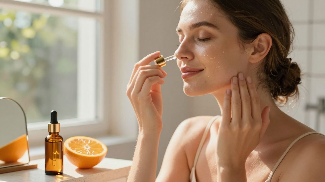 Mulher aplicando sérum facial com conta-gotas em pele iluminada, com laranja cortada ao lado.