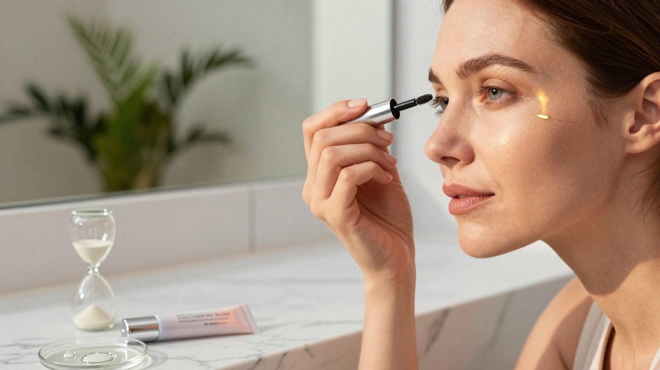 Mulher aplicando sérum facial iluminador ao lado de ampulheta e creme sobre bancada branca.