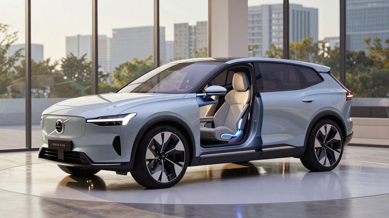 Carro elétrico Volvo XC40 Recharge prata estacionado com porta dianteira aberta em ambiente interno moderno.