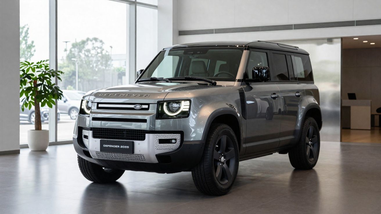 SUV Land Rover Defender cinza em showroom com chão cinza e paredes claras.