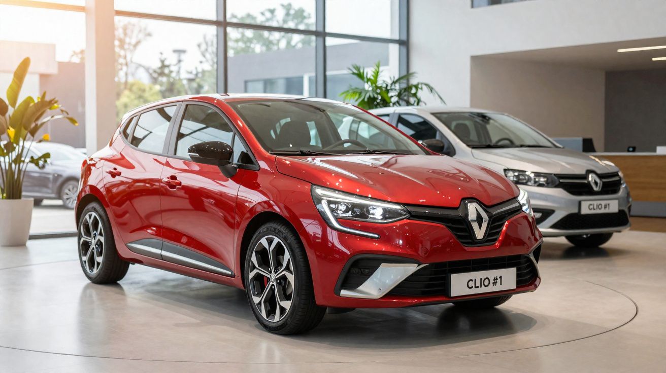 Carros Renault Clio em exibição, destaque para modelo vermelho em showroom moderno.