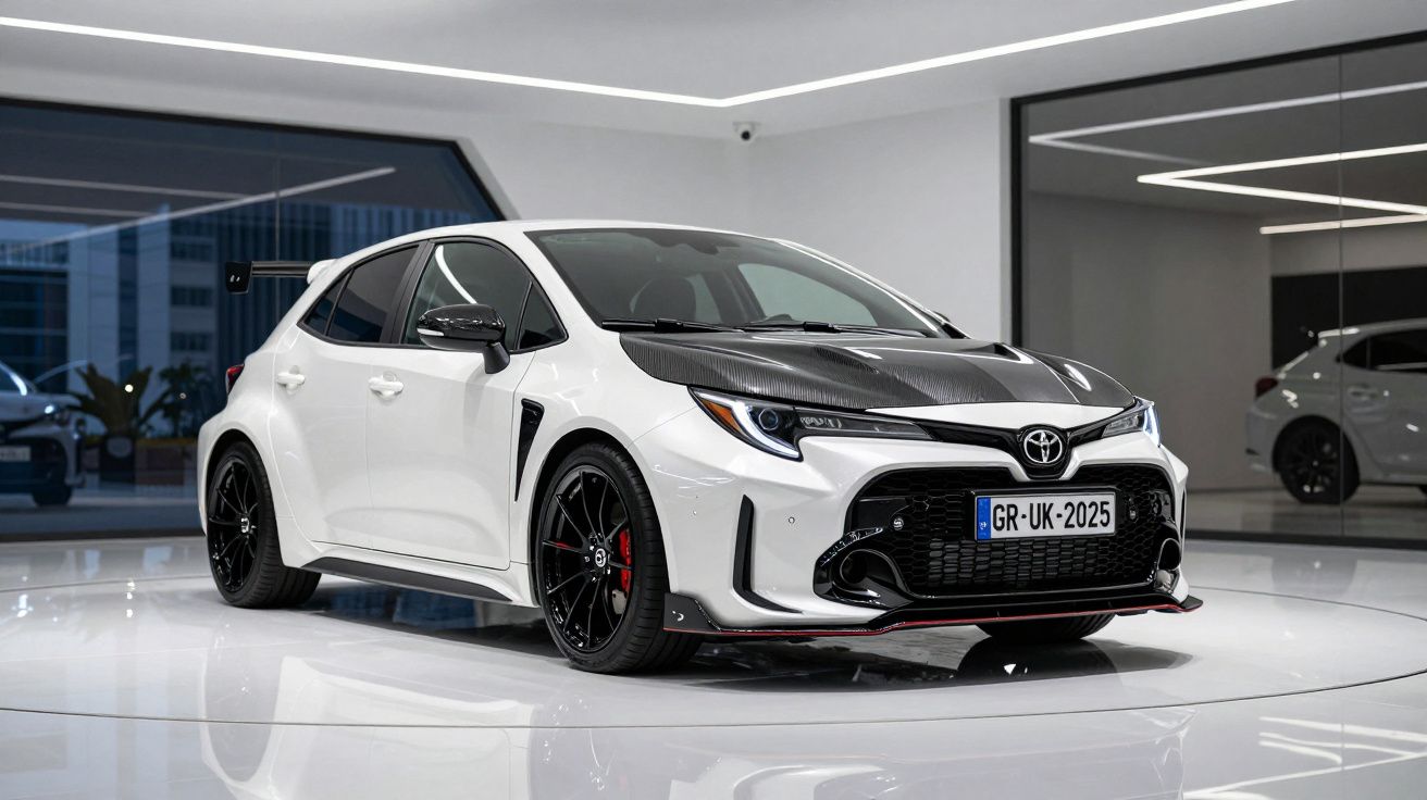 Carro esportivo branco com capô preto em exposição dentro de showroom moderno e iluminado.